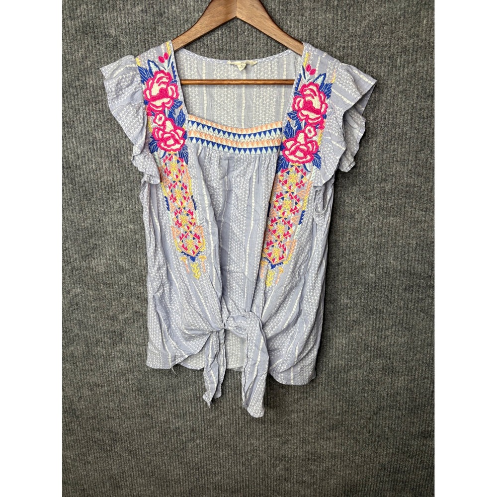 Entro Boho Embroidered Tie Front Flutter Sleeve Top Blue Striped Floral Medium